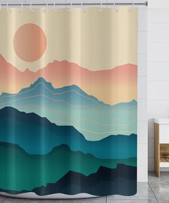 Mid Century Mountain Sun Pattern Shower Curtain With Abstract Design