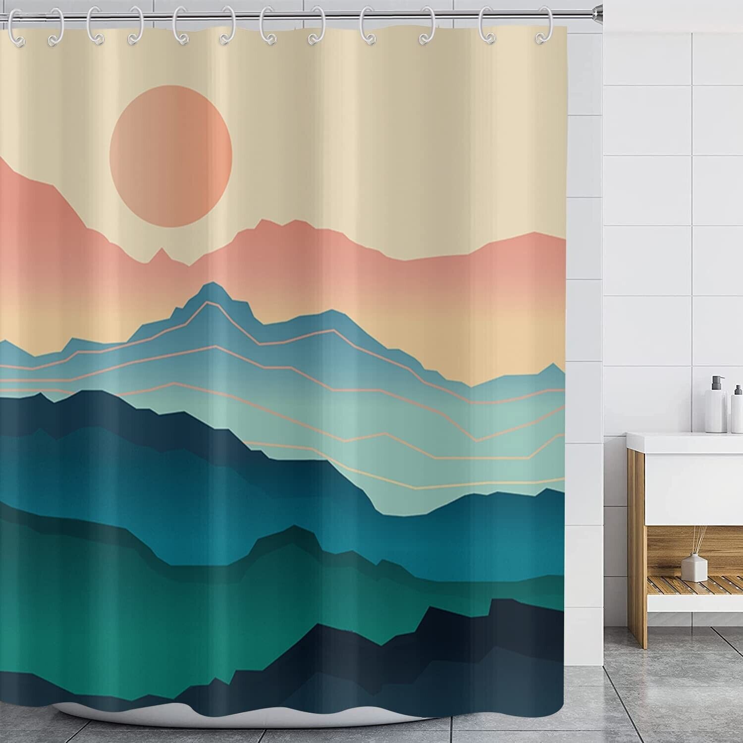 Mid Century Mountain Sun Pattern Shower Curtain With Abstract Design