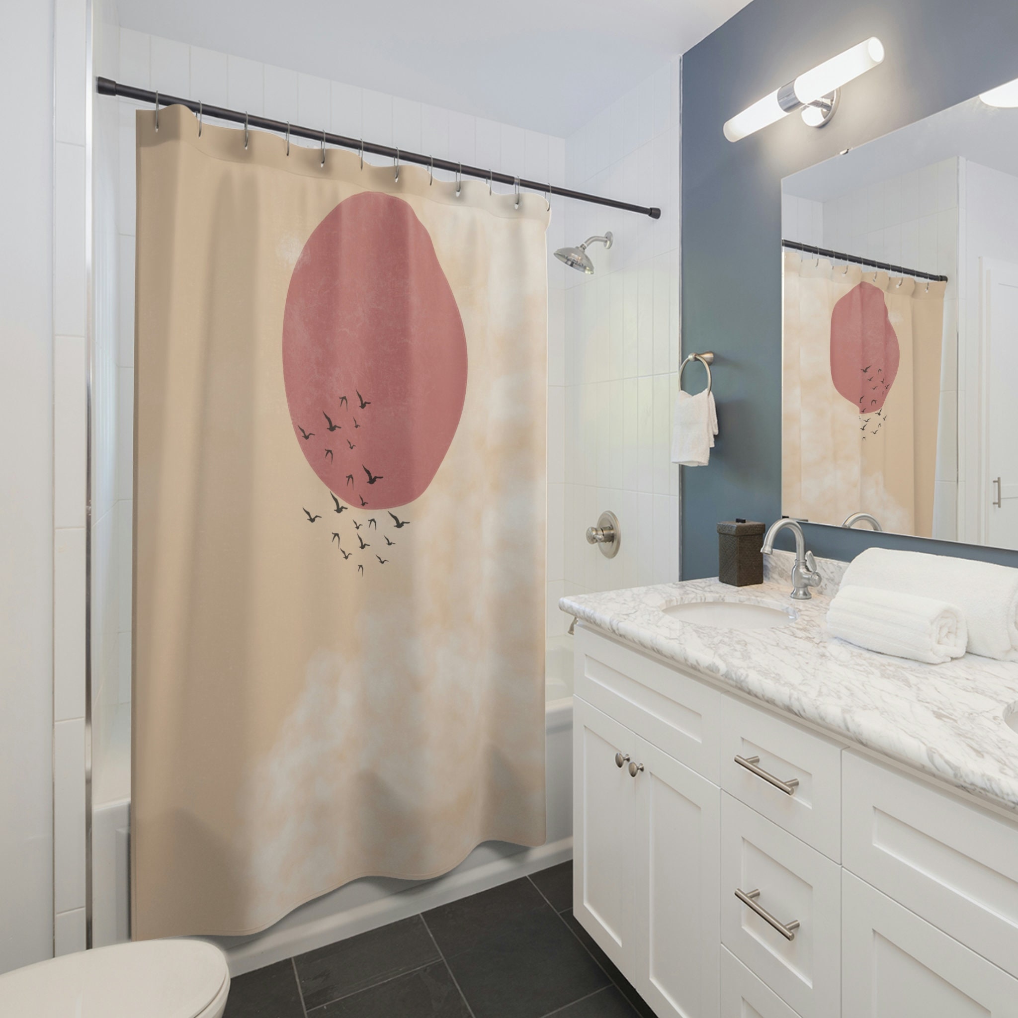 Mid Century Pink Sun Shower Curtain with Chic Design