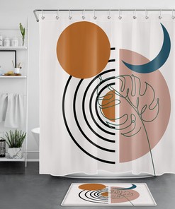 Mid Century Plant Monstera Leaf Sun Moon Shower Curtain with Bathroom Accessories