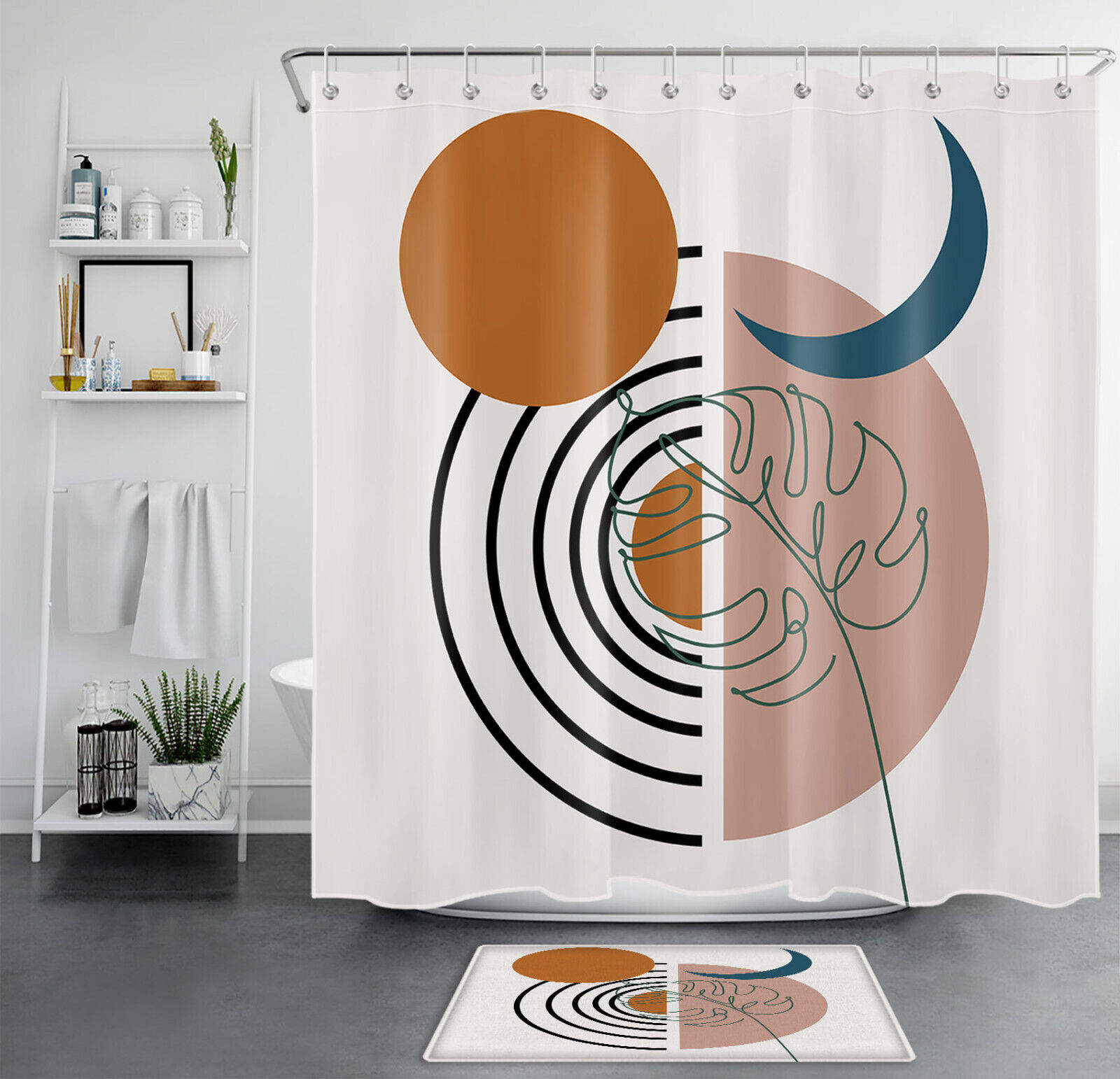 Mid Century Plant Monstera Leaf Sun Moon Shower Curtain with Bathroom Accessories