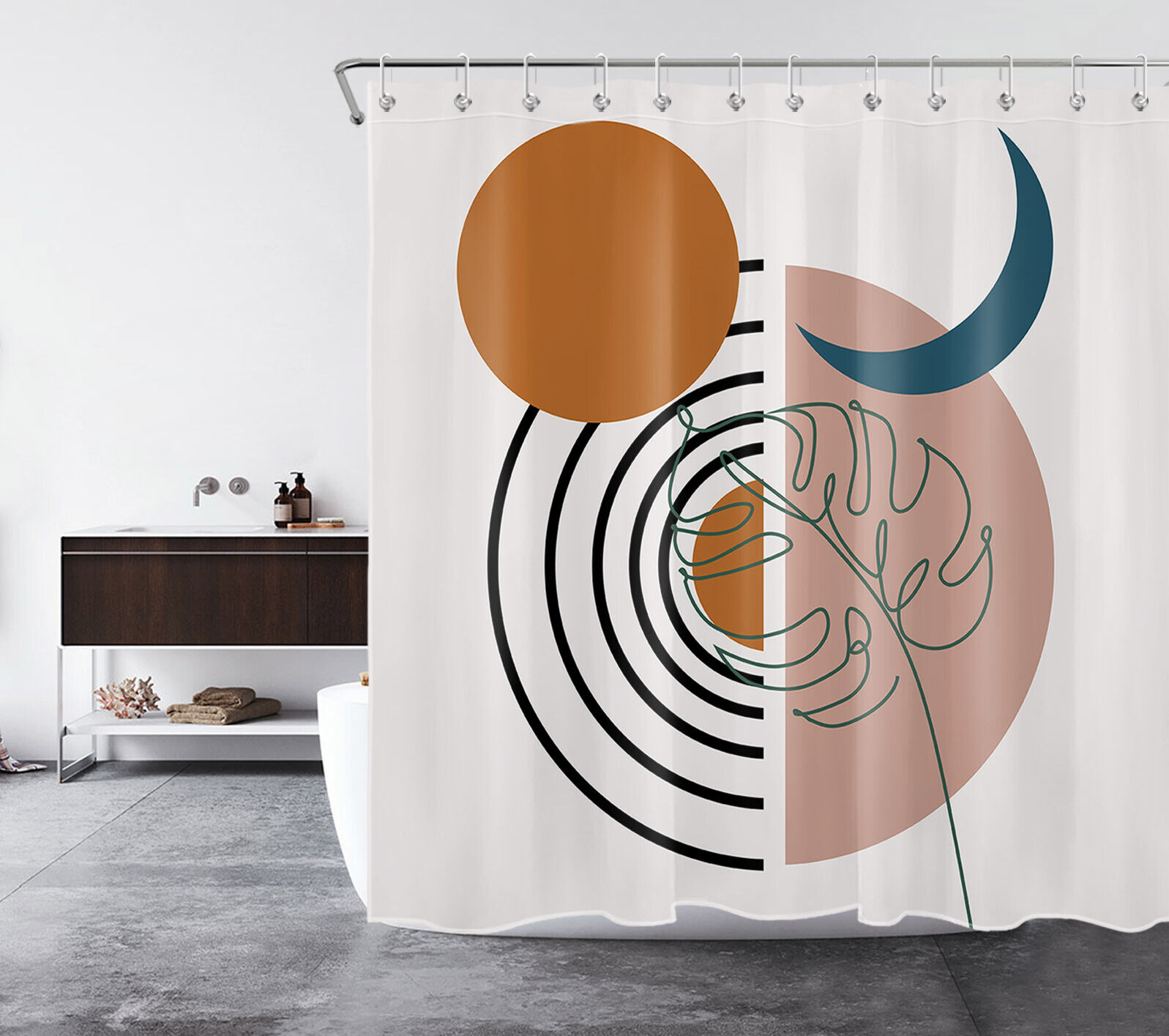 Mid Century Plant Monstera Leaf Sun Moon Shower Curtain with Bathroom Accessories