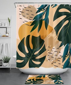 Mid Century Shower Curtain - LB Tropical Palm Leaf Dark Green Monstera Orange Color Block Bathroom Decor