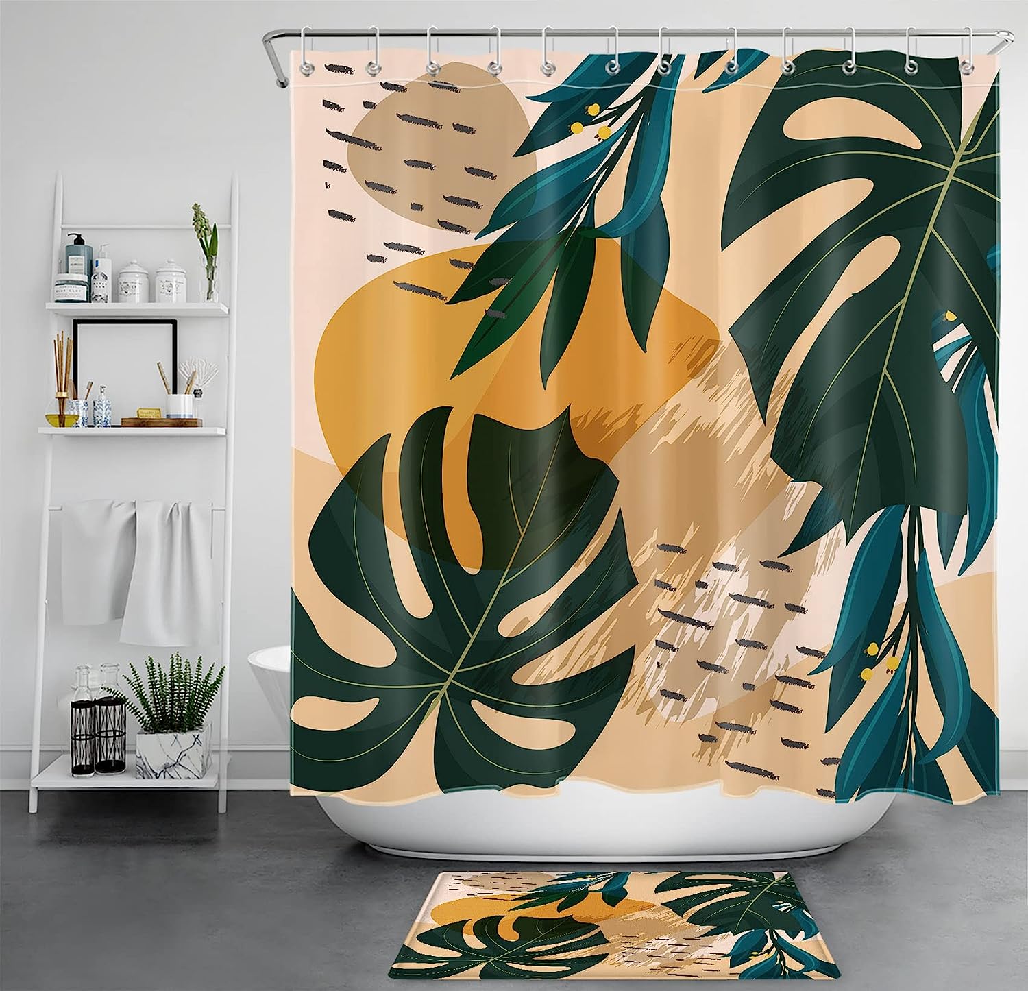 Mid Century Shower Curtain - LB Tropical Palm Leaf Dark Green Monstera Orange Color Block Bathroom Decor