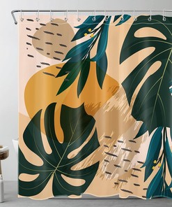 Mid Century Shower Curtain - LB Tropical Palm Leaf Dark Green Monstera Orange Color Block Bathroom Decor