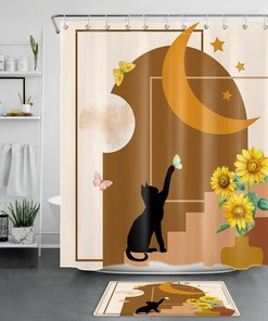 Mid Century Sunflower Shower Curtain with Black Cat for a Vintage Bathroom Look