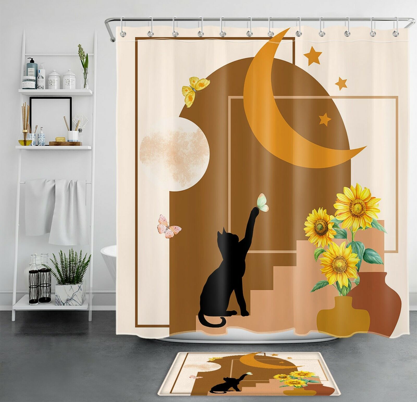 Mid Century Sunflower Shower Curtain with Black Cat for a Vintage Bathroom Look