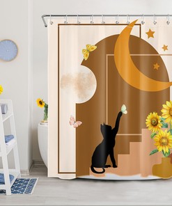 Mid Century Sunflower Shower Curtain with Black Cat for a Vintage Bathroom Look