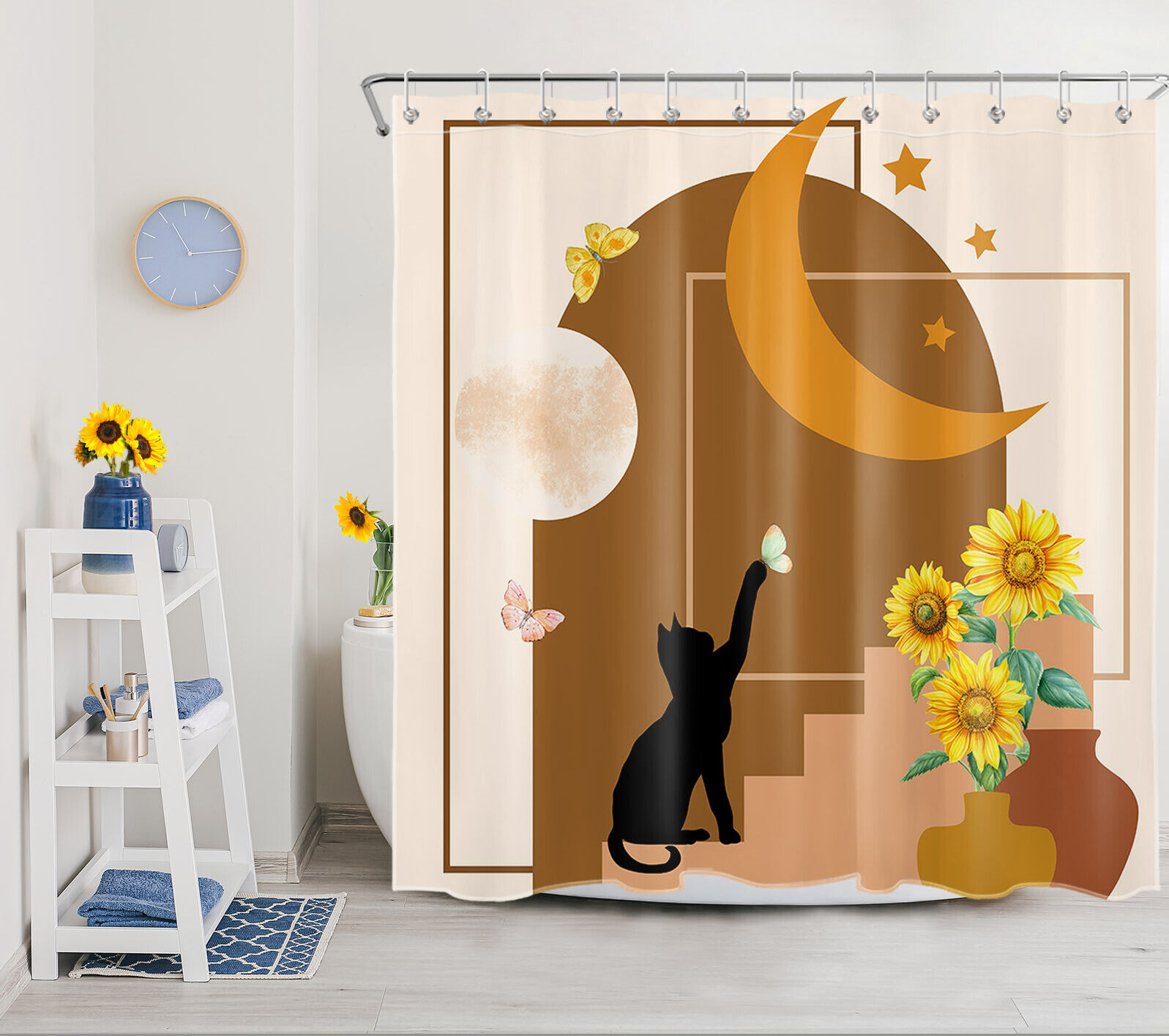 Mid Century Sunflower Shower Curtain with Black Cat for a Vintage Bathroom Look
