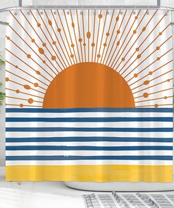 Mid Century Sunrise Ocean Shower Curtain, Boho Minimalist Bathroom Decor 