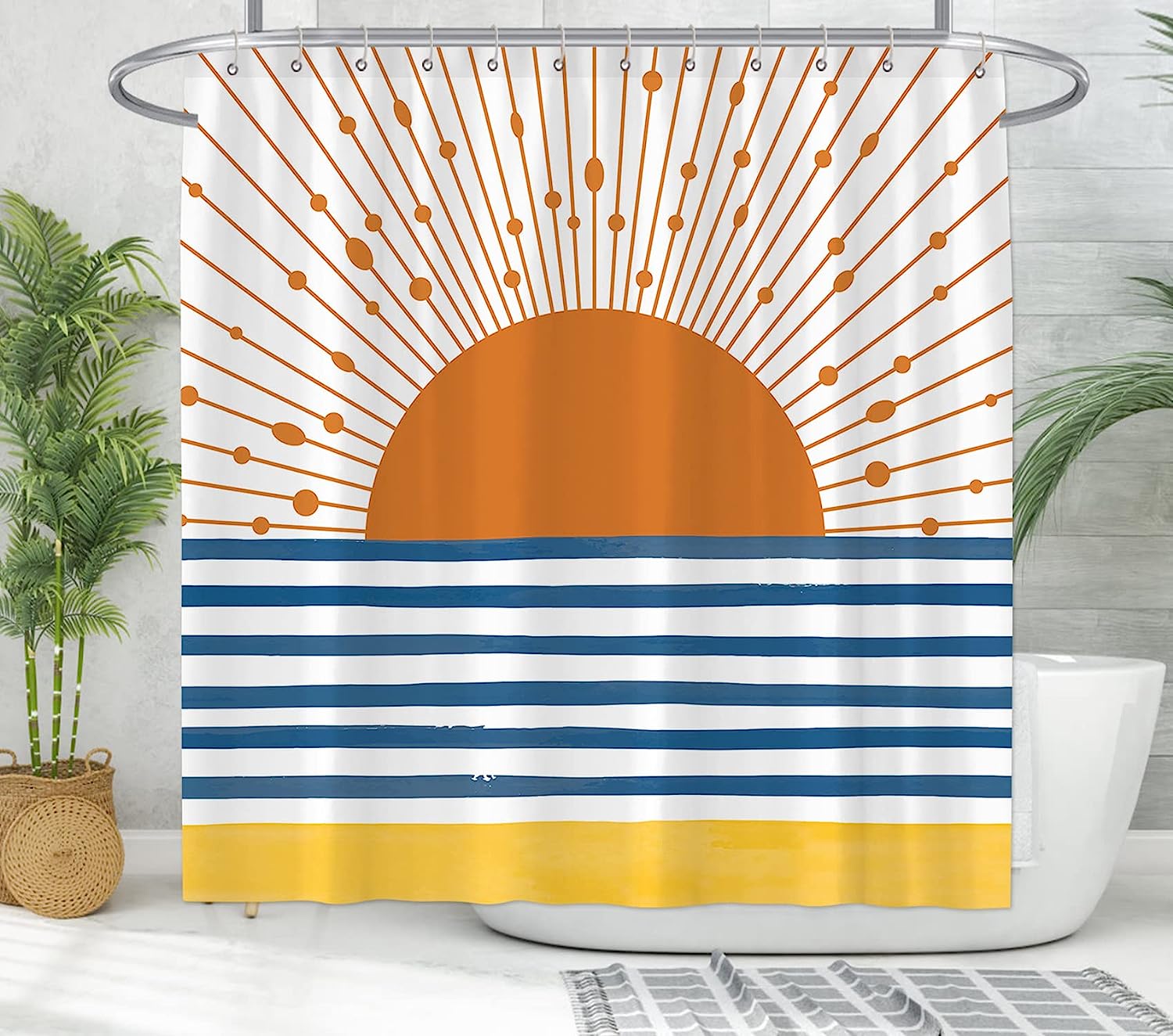 Mid Century Sunrise Ocean Shower Curtain, Boho Minimalist Bathroom Decor