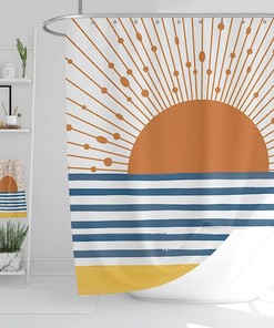 Mid Century Sunrise Ocean Shower Curtain, Boho Minimalist Bathroom Decor