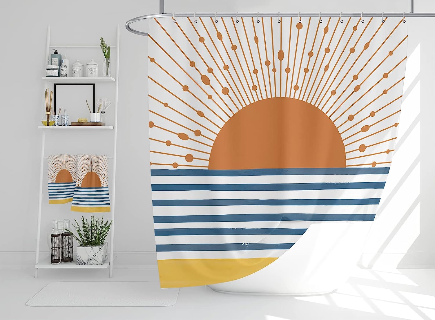 Mid Century Sunrise Ocean Shower Curtain, Boho Minimalist Bathroom Decor