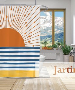 Mid Century Sunrise Ocean Shower Curtain, Boho Minimalist Bathroom Decor