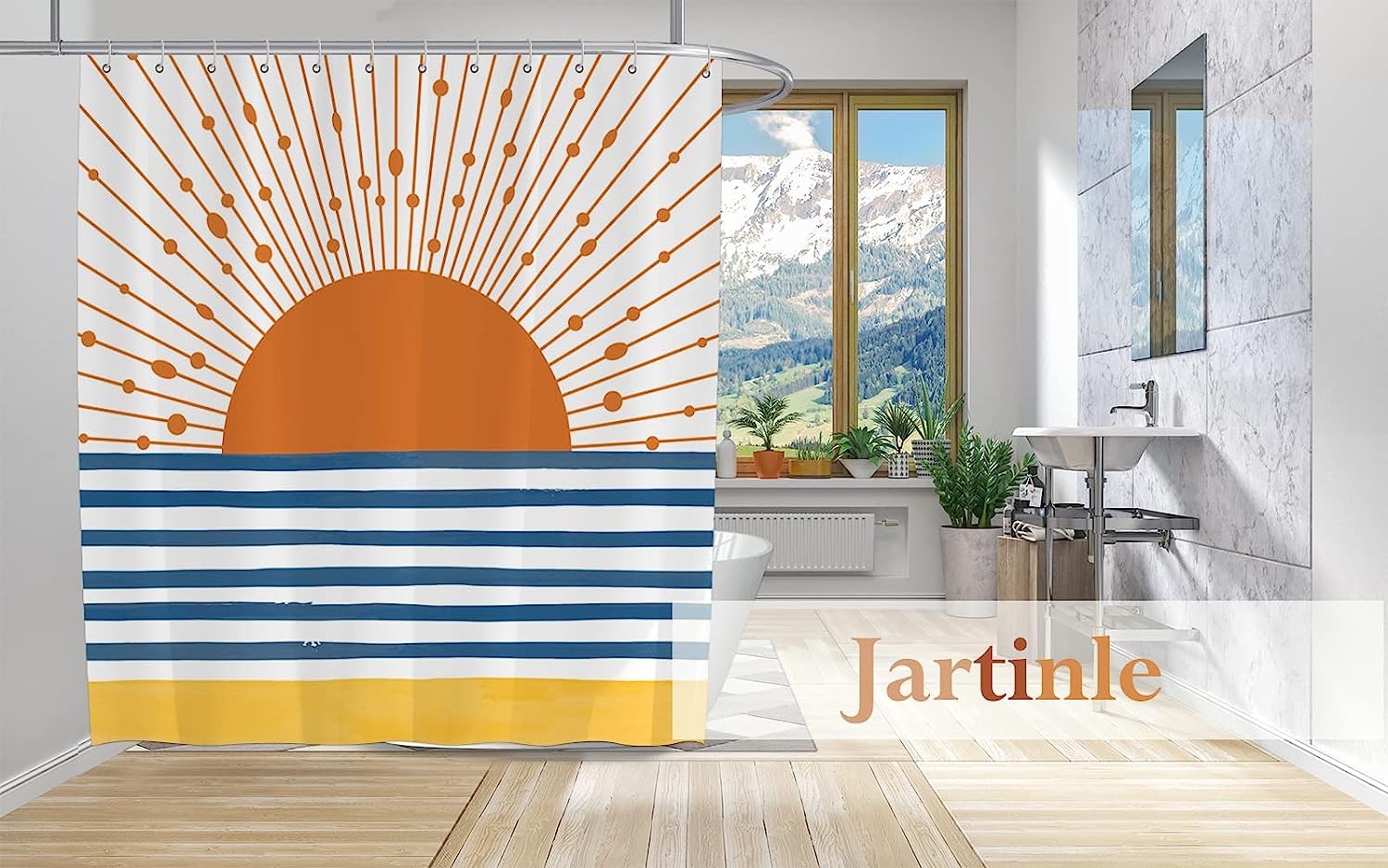 Mid Century Sunrise Ocean Shower Curtain, Boho Minimalist Bathroom Decor
