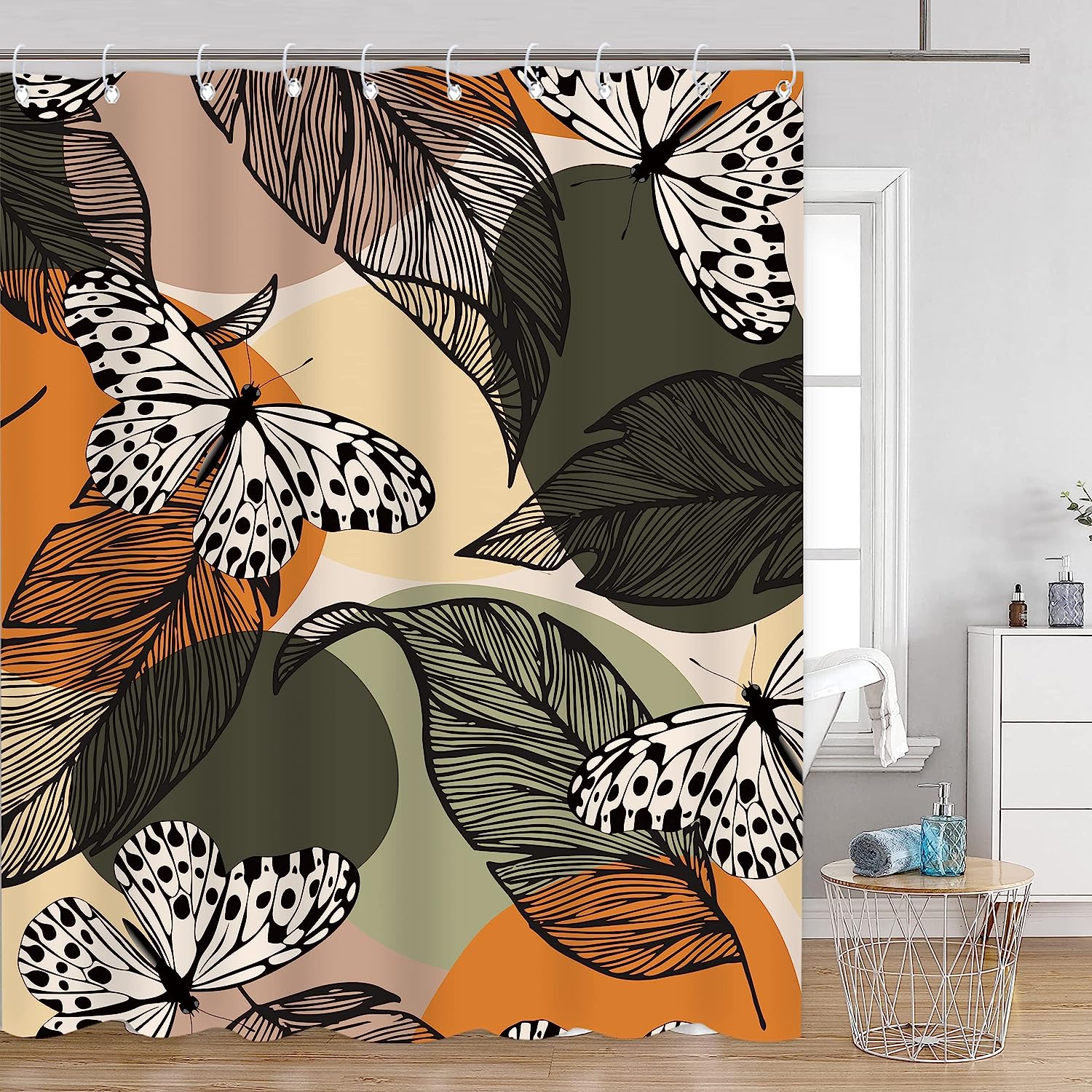 Mid Century Tropical Abstract Butterfly Shower Curtain for a Minimalist Bathroom Decor