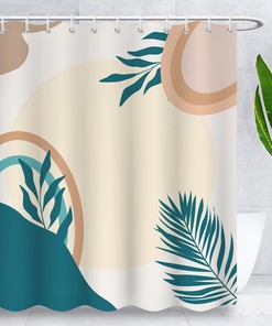 Mid Century Tropical Bohemian Green Leaf Shower Curtain, Fabric Bathroom Curtain With Botanical Print