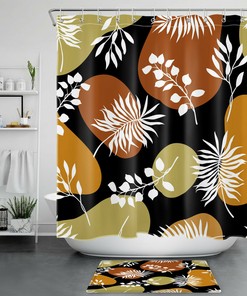 Mid Century White Leaf Geometric Pattern Shower Curtain For Modern Bathroom
