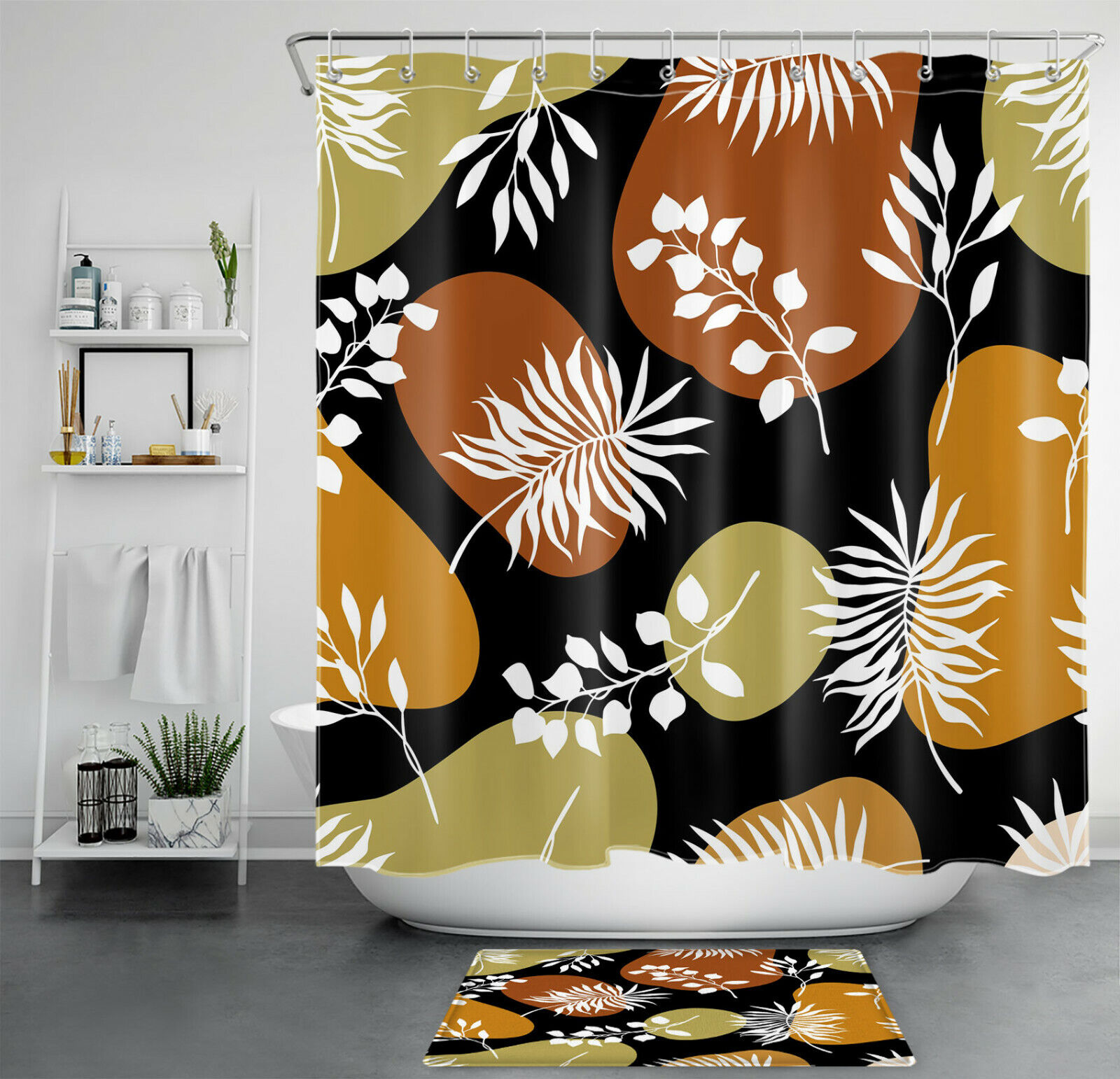Mid Century White Leaf Geometric Pattern Shower Curtain For Modern Bathroom