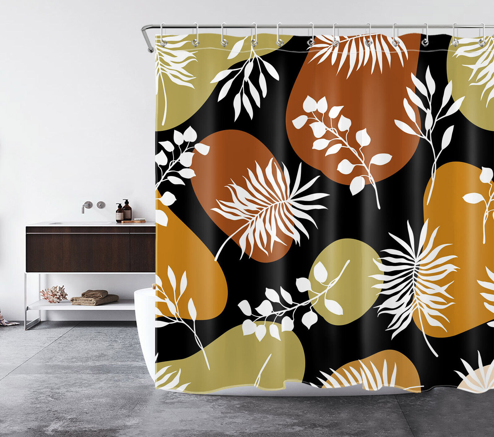 Mid Century White Leaf Geometric Pattern Shower Curtain For Modern Bathroom