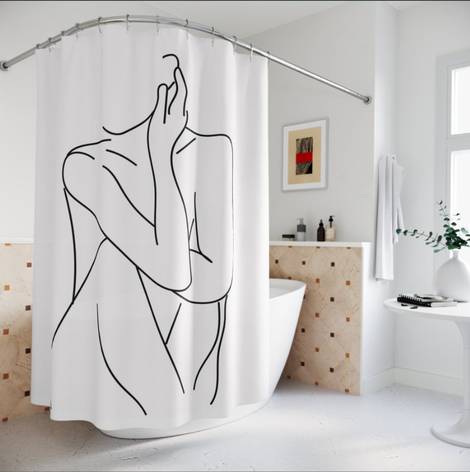 Mid Century Woman Geometric Shower Curtain, Abstract Art Print Bathroom Decor