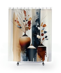 Mid-Century Boho Navy Rust Shower Curtain, Burnt Orange and Cream Beige Watercolor, Bathroom Decoration fabric