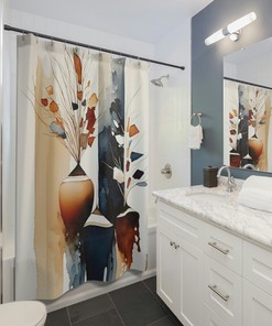 Mid-Century Boho Navy Rust Shower Curtain, Burnt Orange and Cream Beige Watercolor, Bathroom Decoration fabric