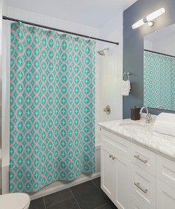 Mid-Century Modern Aqua And Pink Boho Shower Curtain For Bathroom Decor