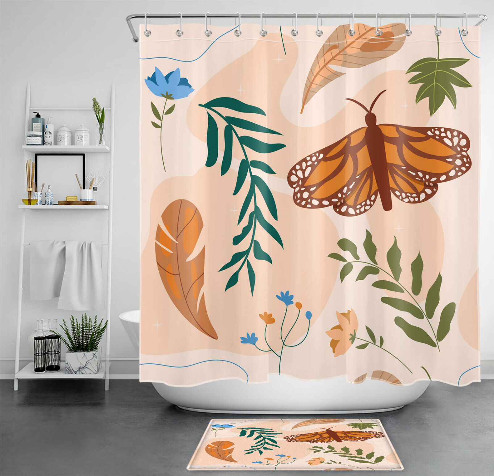 Mid-Century Plant Flower Butterfly Shower Curtain Set in Beige, Perfect for Chic Bathroom Decor