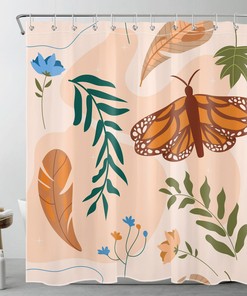 Mid-Century Plant Flower Butterfly Shower Curtain Set in Beige, Perfect for Chic Bathroom Decor