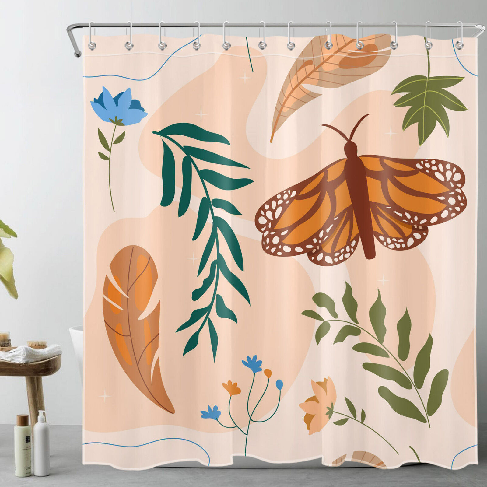 Mid-Century Plant Flower Butterfly Shower Curtain Set in Beige, Perfect for Chic Bathroom Decor
