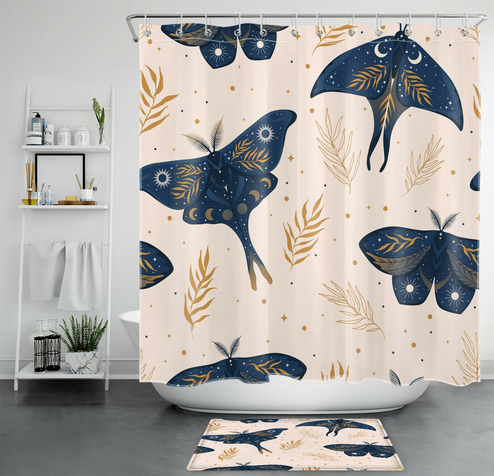Mid-Century Plant Leaf Moth Print Shower Curtain, Add a Touch of Nature to Your Bathroom