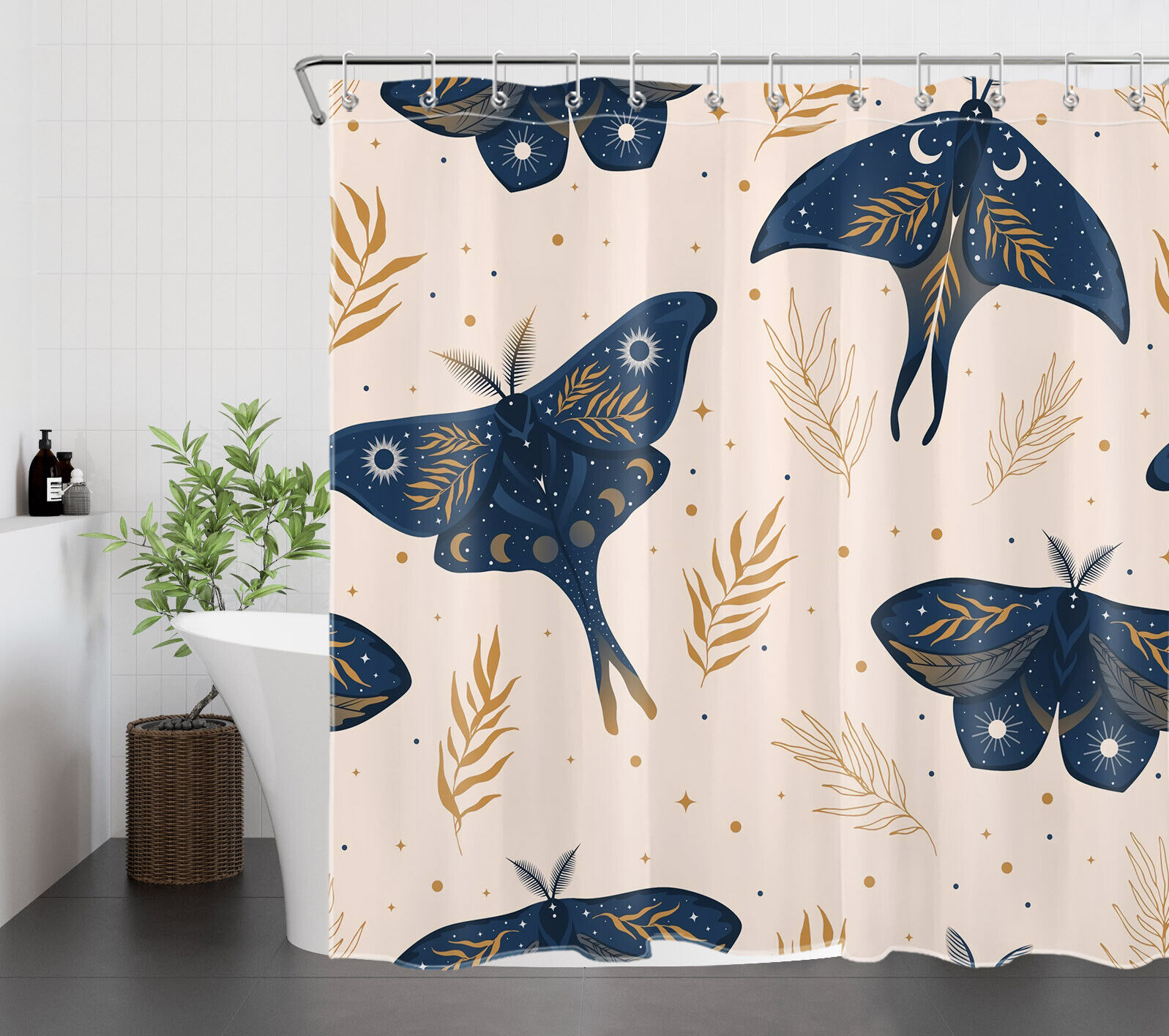 Mid-Century Plant Leaf Moth Print Shower Curtain, Add a Touch of Nature to Your Bathroom