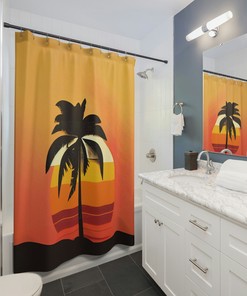 Midcentury Modern Stylized Palm Tree Sunset Shower Curtain for Unique Bathroom Decor