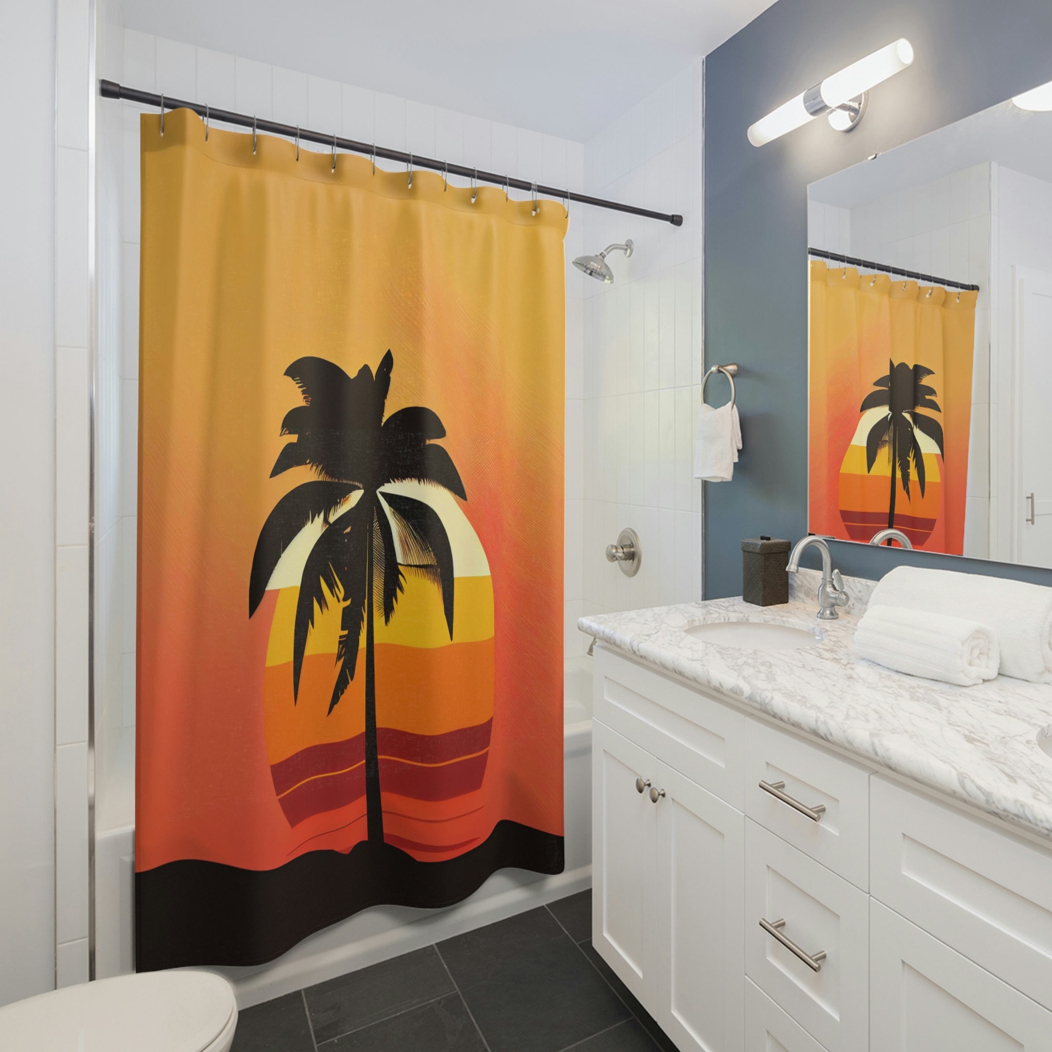 Midcentury Modern Stylized Palm Tree Sunset Shower Curtain for Unique Bathroom Decor
