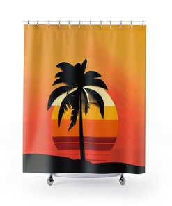 Midcentury Modern Stylized Palm Tree Sunset Shower Curtain for Unique Bathroom Decor