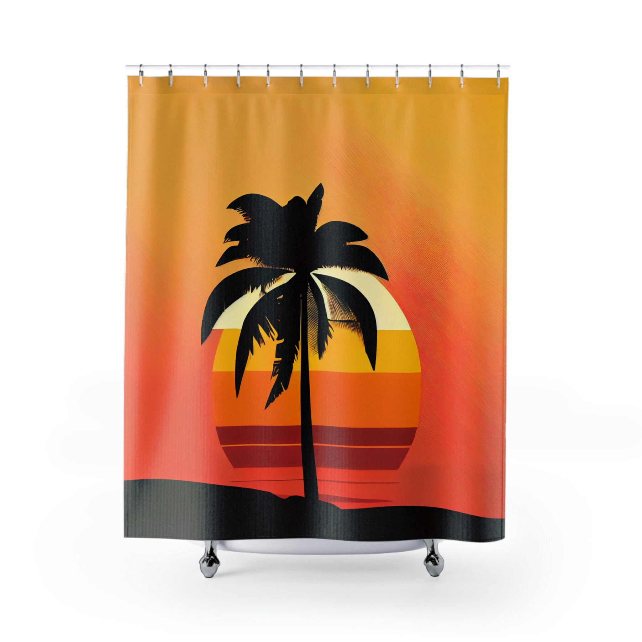 Midcentury Modern Stylized Palm Tree Sunset Shower Curtain for Unique Bathroom Decor