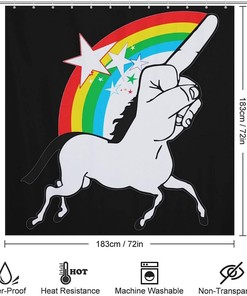 Middle Finger Unicorn Print Shower Curtain, Waterproof Bath Accessory with Metal Grommet Holes and Unique Design