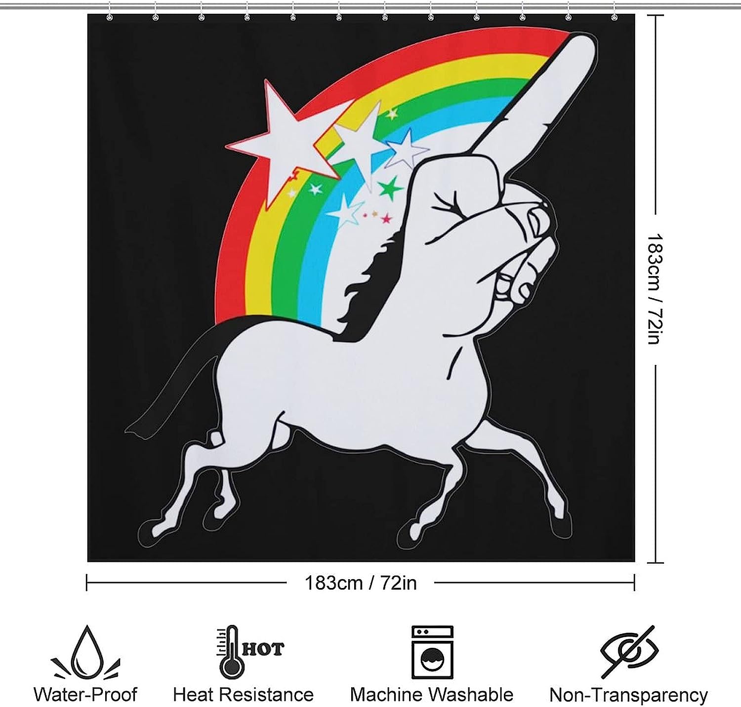 Middle Finger Unicorn Print Shower Curtain, Waterproof Bath Accessory with Metal Grommet Holes and Unique Design