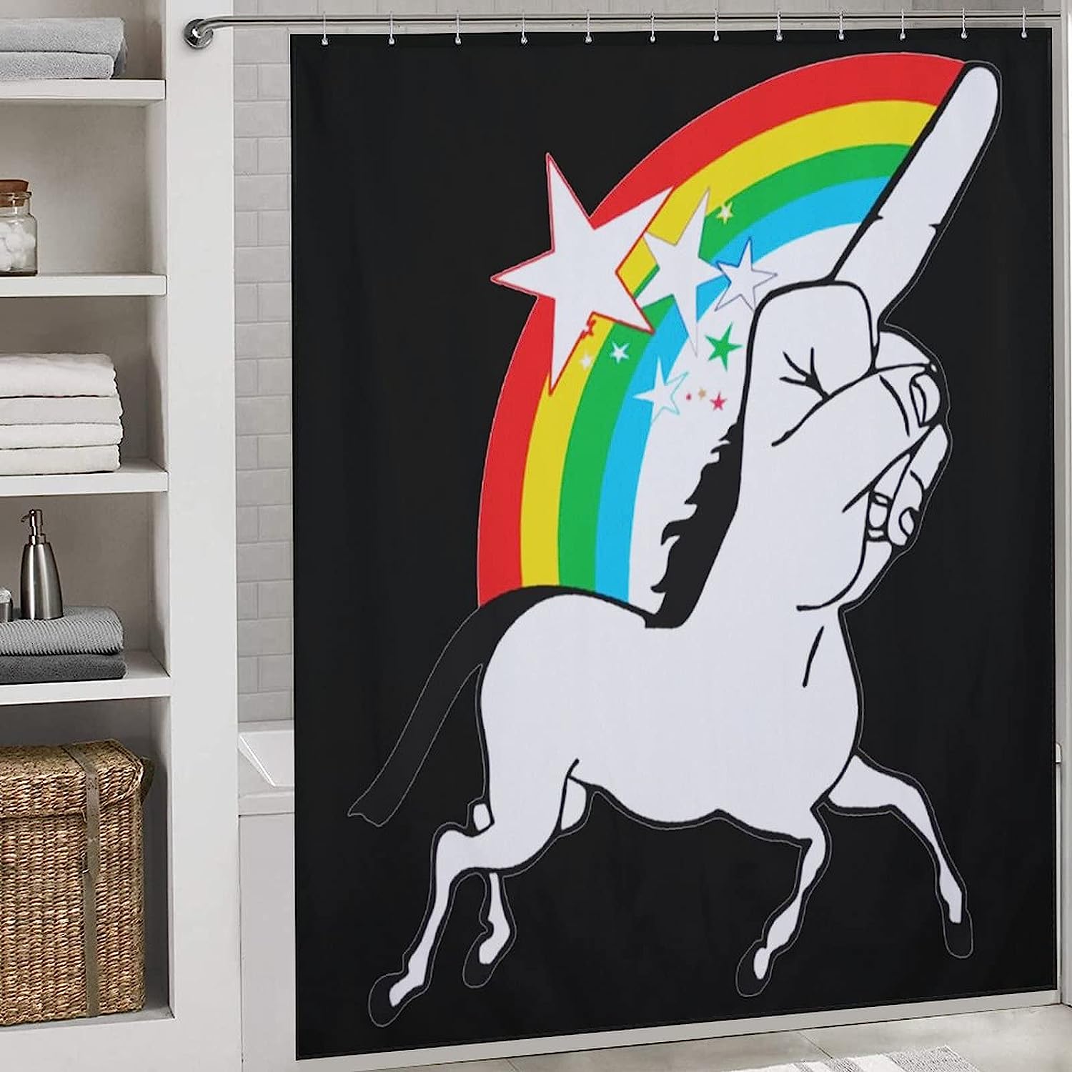 Middle Finger Unicorn Print Shower Curtain, Waterproof Bath Accessory with Metal Grommet Holes and Unique Design