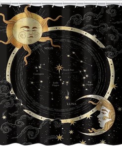 Midnight Art Sun and Crescent Moon Shower Curtain, Celestial Theme, Cloth Fabric for Bathroom Decoration