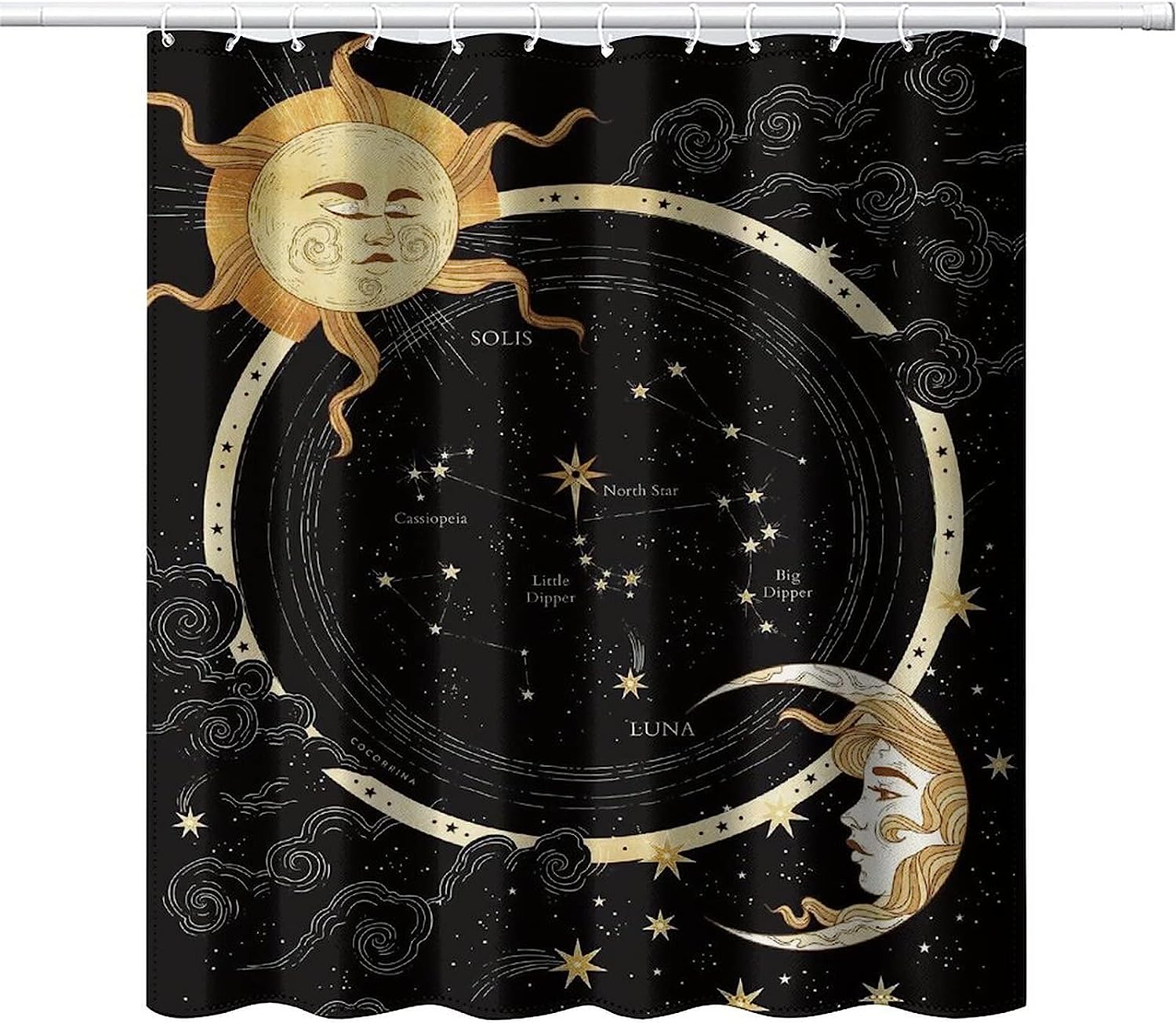 Midnight Art Sun and Crescent Moon Shower Curtain, Celestial Theme, Cloth Fabric for Bathroom Decoration
