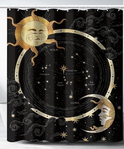 Midnight Art Sun and Crescent Moon Shower Curtain, Celestial Theme, Cloth Fabric for Bathroom Decoration