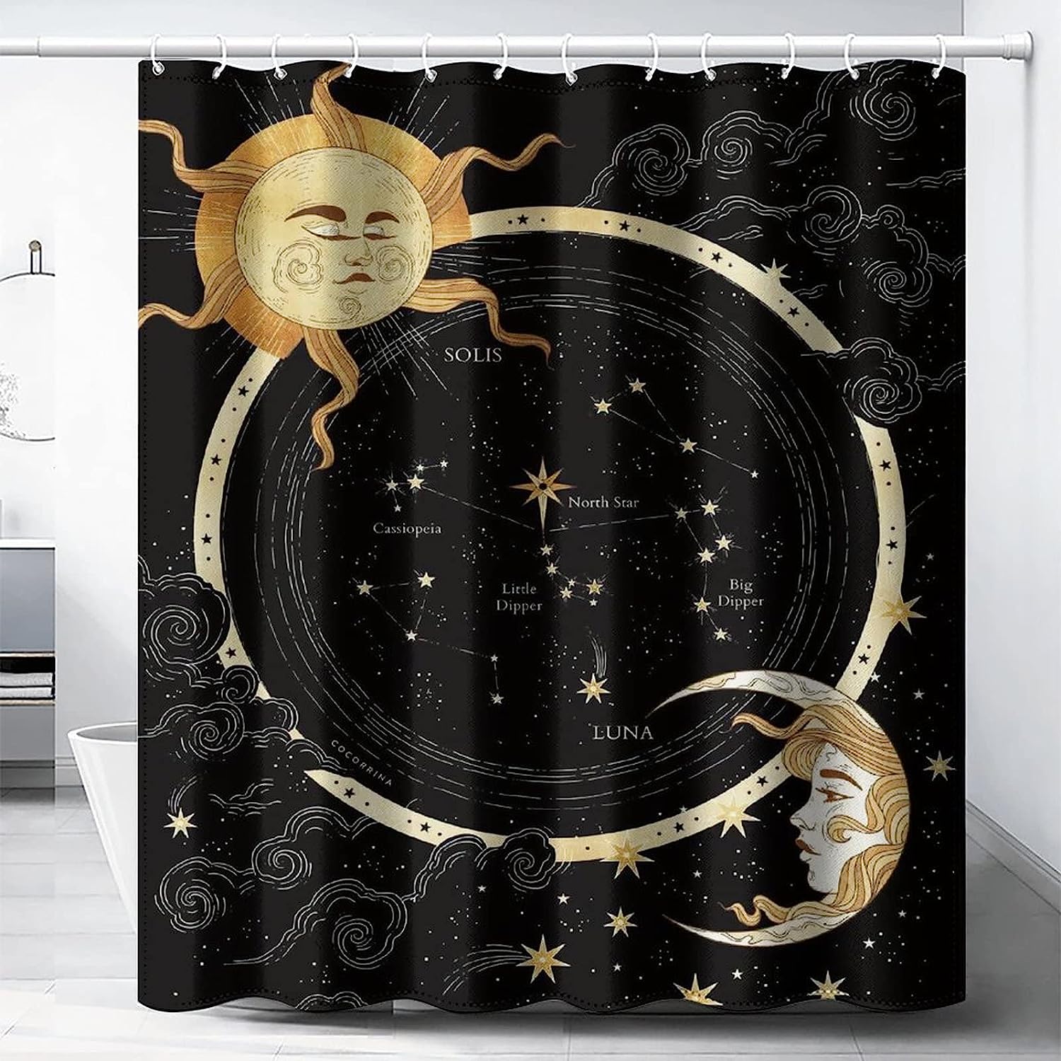 Midnight Art Sun and Crescent Moon Shower Curtain, Celestial Theme, Cloth Fabric for Bathroom Decoration