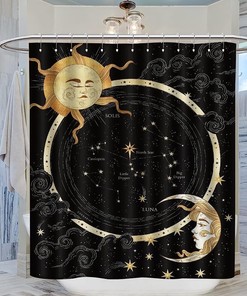 Midnight Art Sun and Crescent Moon Shower Curtain, Celestial Theme, Cloth Fabric for Bathroom Decoration