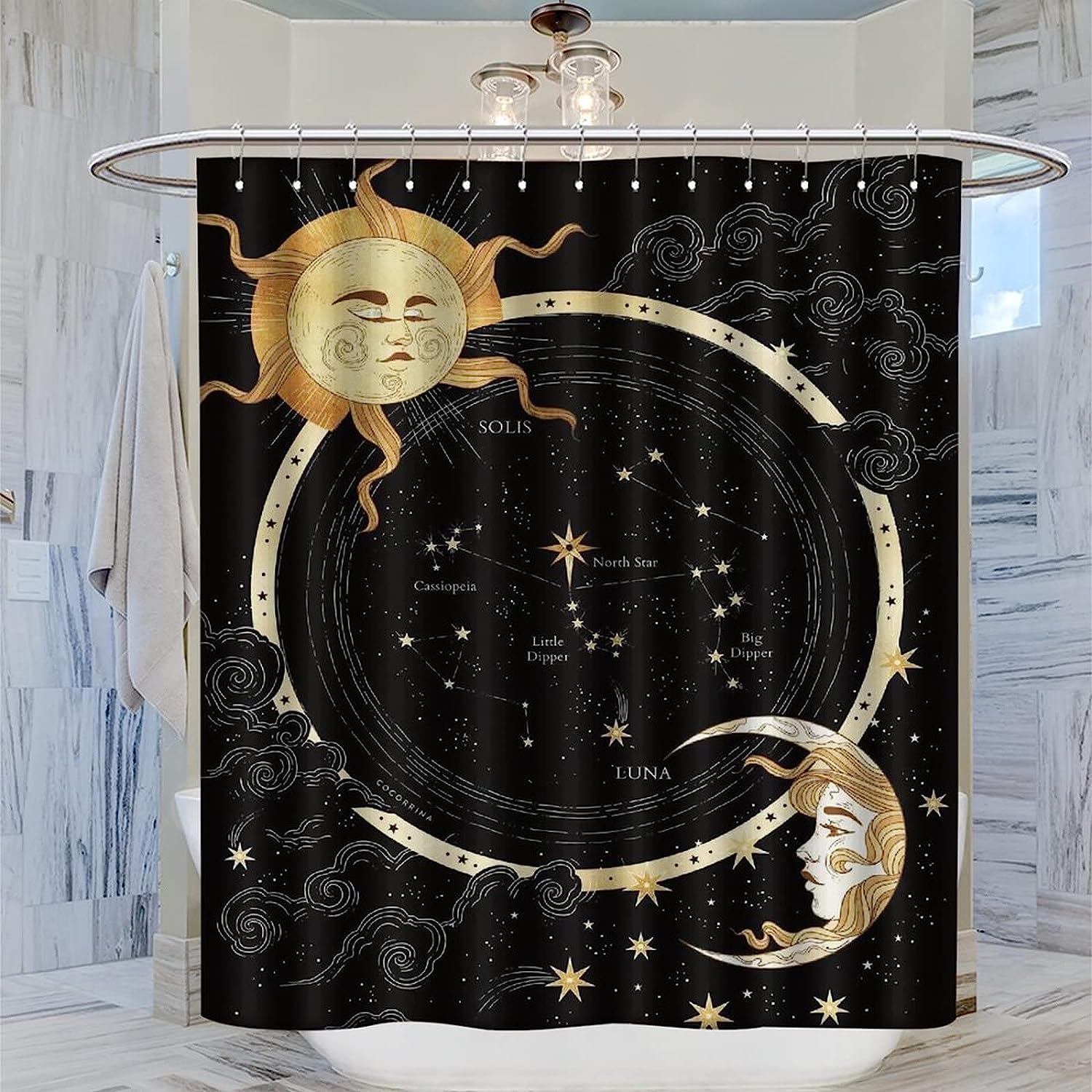 Midnight Art Sun and Crescent Moon Shower Curtain, Celestial Theme, Cloth Fabric for Bathroom Decoration