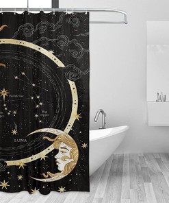 Midnight Art Sun and Crescent Moon Shower Curtain, Celestial Theme, Cloth Fabric for Bathroom Decoration
