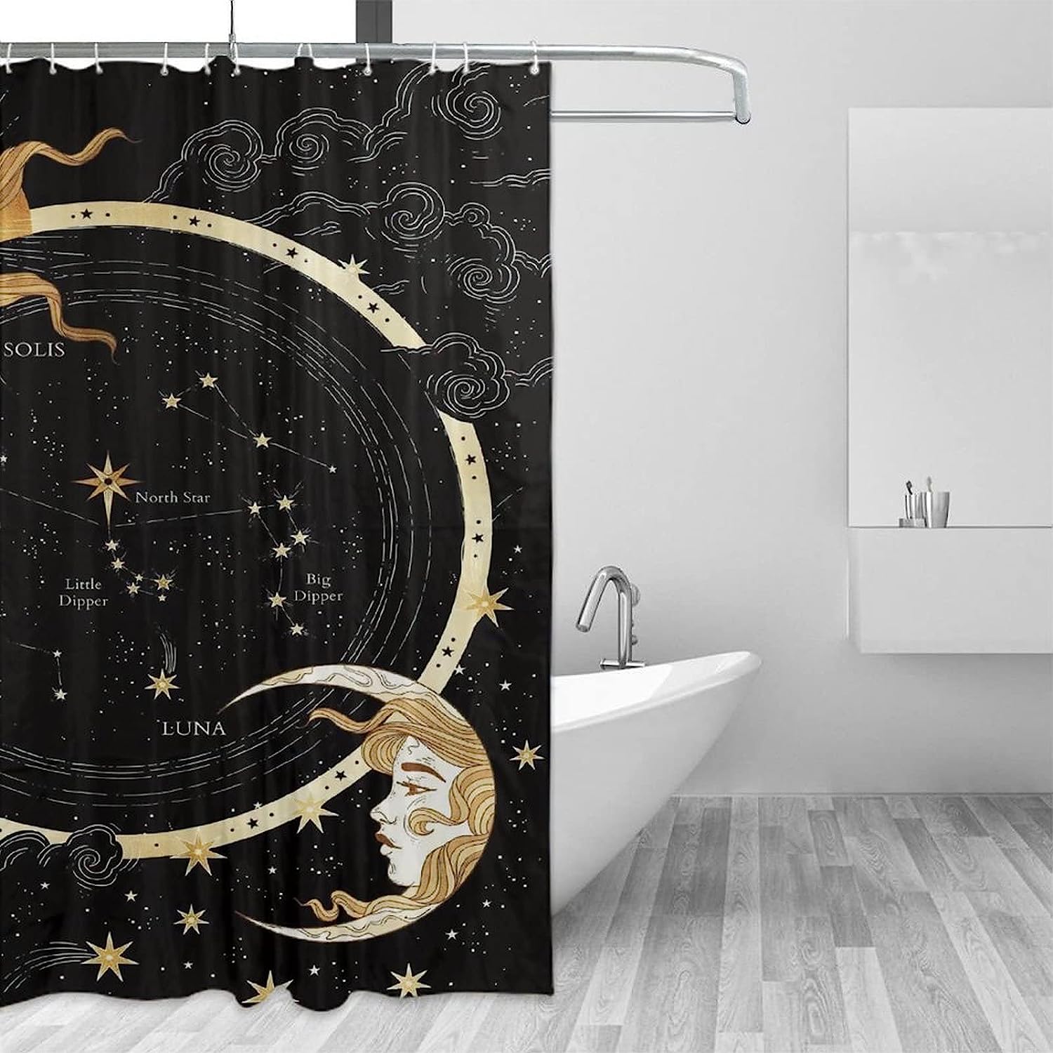 Midnight Art Sun and Crescent Moon Shower Curtain, Celestial Theme, Cloth Fabric for Bathroom Decoration