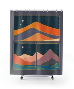 Midnight Collage Mountain Shower Curtain, Abstract Bath Accessory in Dark Tones