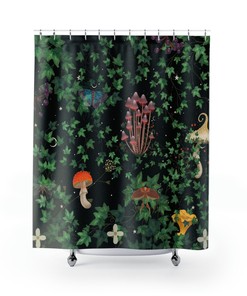 Midnight Forest Watercolor Shower Curtain, Botanical Fairy Tale Bathroom Decor with Waterproof Fabric